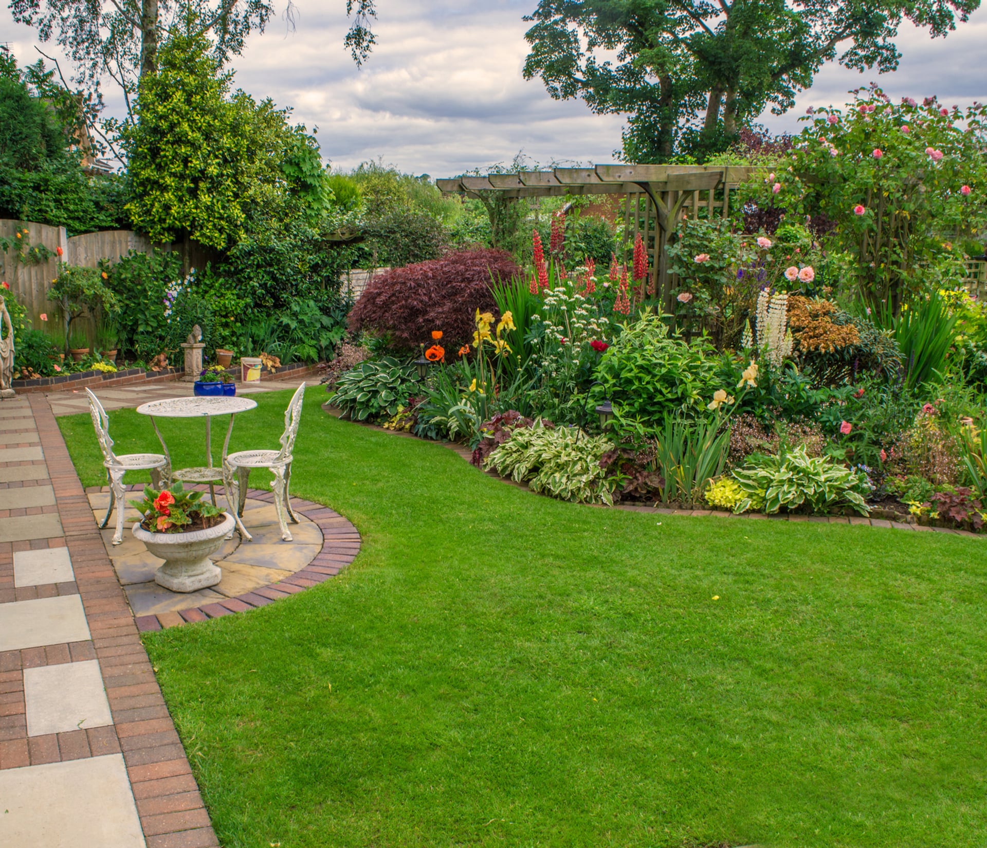 Beautiful landscaped garden with seating area in Bridgend